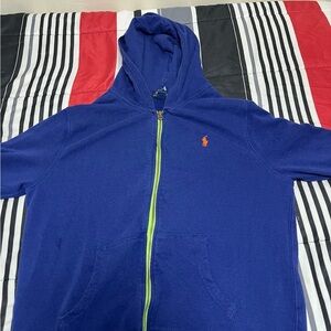 Blue Polo Hoodie with Green Zipper